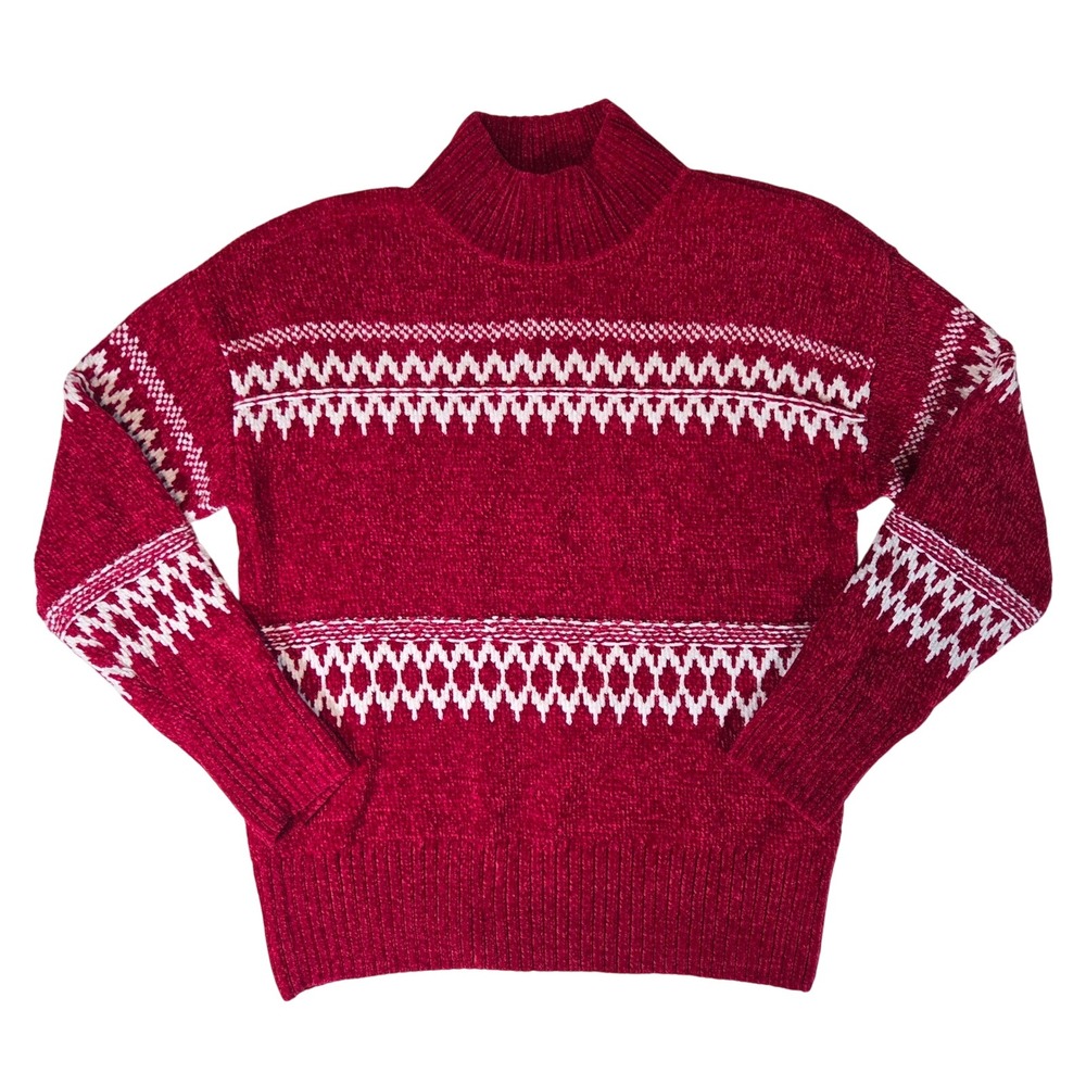 Christian Siriano Red White Chenille Fair Isle Mock Neck Sweater Cozy Knit Small